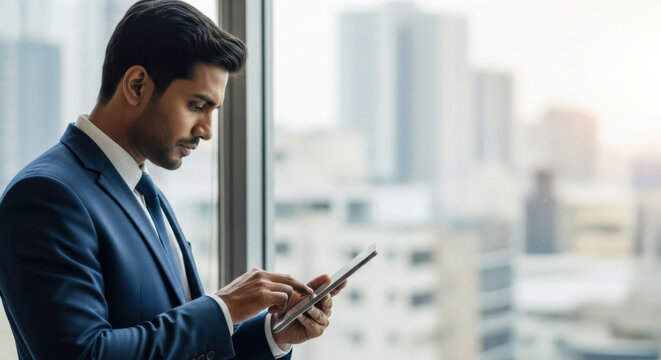 Businessman using tablet for data business searching and analysis. Financial data and customers database. Algorithm, Data science, and Corporate strategy for operations and growth. - Powered by Adobe