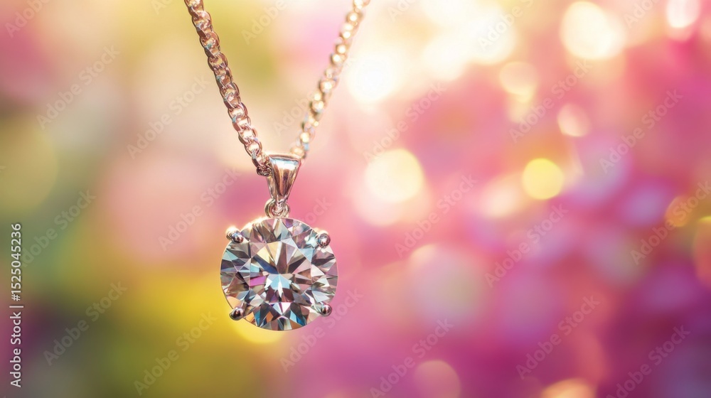 Poster a close-up of a sparkling diamond pendant hanging from a delicate chain, with a blurred background o