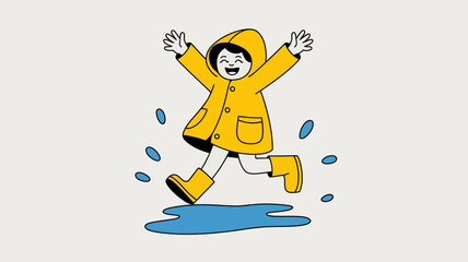 Illustration of happy child jumping in puddle wearing yellow raincoat and boots in the rain weather editable stock vector illustration