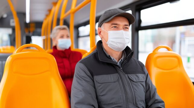 Elderly Man Wearing Face Mask Sitting on a Bus with Bright Orange Seats and Woman in Background