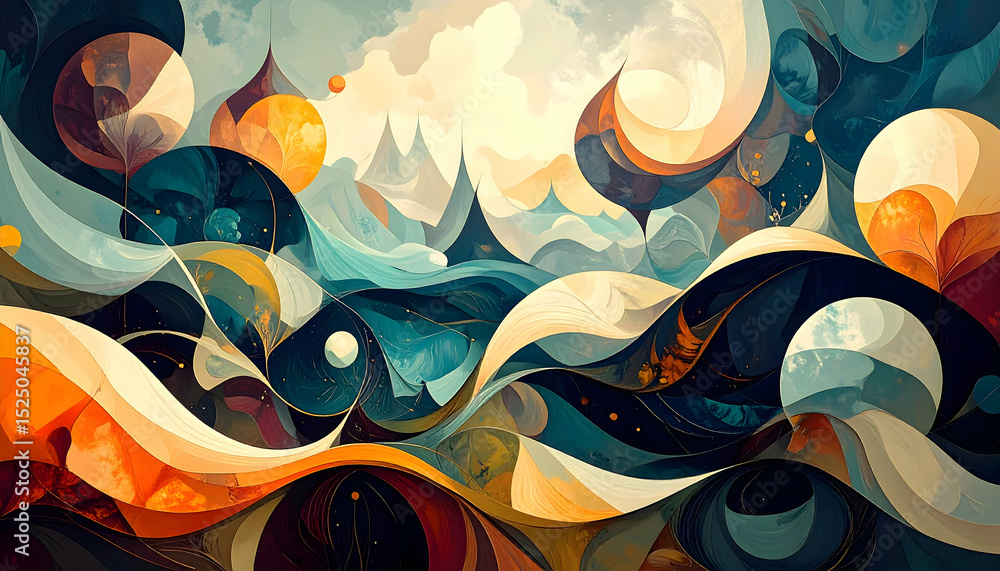 Poster abstract colorful landscape with swirling shapes and patterns in vibrant tones