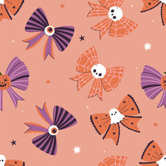 Orange seamless pattern with bows in Halloween style. Vector graphics.