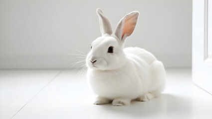 Obraz premium Fluffy white rabbit with bright eyes, displayed against a clean white background for a minimal and pure look.