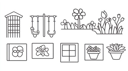 Simple line art of a child's play area and garden.  Outlined playhouse, swings, flowers, tulips, potted plants, and window