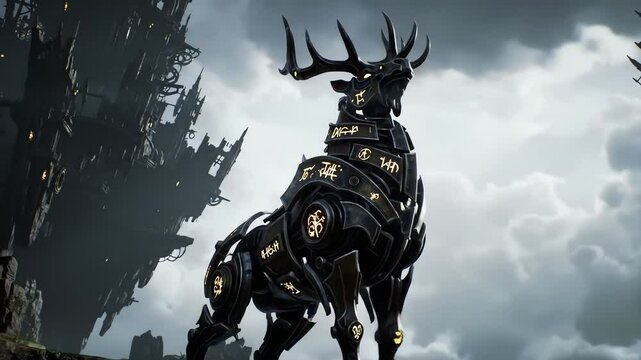 A large metallic runeengraved deer figure stands with jagged structures  a cloudy sky background