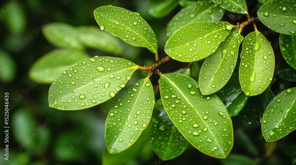 Poster A close-up of mangrove leaves with water droplets, capturing the details of their texture and color against the backdrop of the forest