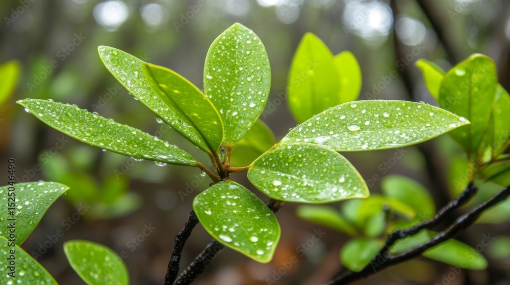 Poster a close-up of mangrove leaves with water droplets, capturing the details of their texture and color 