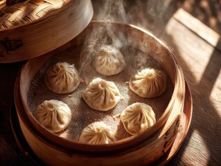 Steaming traditional Chinese soup dumplings or xiao long bao in a bamboo steamer basket with warm natural lighting