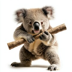 Fototapeta premium A koala warrior with eucalyptus-shaped nunchaku, humorous and inventive, whimsical style, isolated on white background