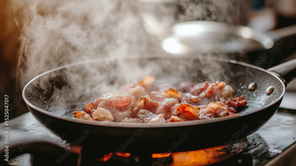 Poster a close-up shot of bacon sizzling in a frying pan, with steam rising and a soft focus on the backgro