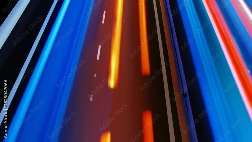 Poster light trails are speeding across a highway at night with glowing dots on the side creating a futuris