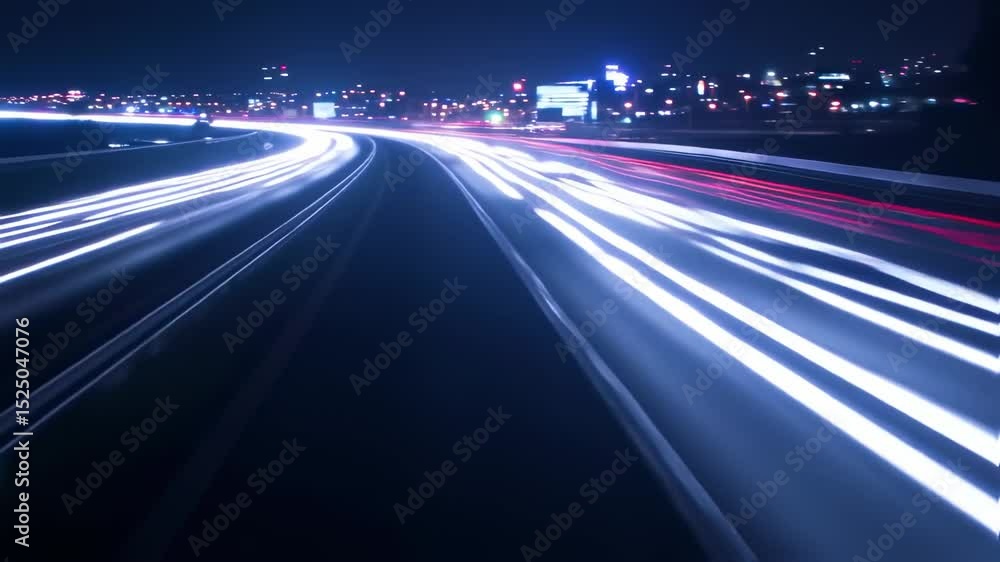 Aufkleber light trails are speeding across a highway at night with glowing dots on the side creating a futuris
