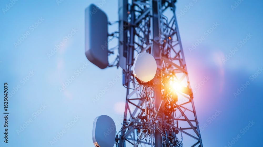 Poster a close-up shot of the base of a cell phone tower with access equipment and cables, highlighting the