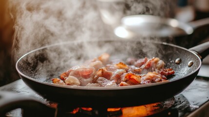 A close-up shot of bacon sizzling in a frying pan, with steam rising and a soft focus on the background, evoking a sense of comfort and warmth.