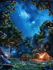 Blue night sky with bright stars over a tropical island landscape with moonlight reflecting on forest