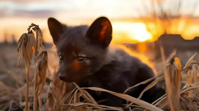 Black Fox Kit at Sunset in Grassy Field. Generative ai
