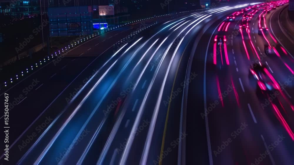 Poster light trails are speeding across a highway at night with glowing dots on the side creating a futuris