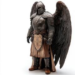 An eagle warrior with feathered armor, dramatic wingspan, bold and majestic, isolated on white background