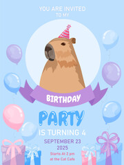 Birthday invitation with a capybara. Blue background. Capybara. Cute animal. Balloons.