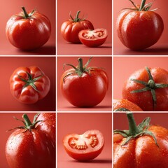 Fototapeta premium Collage of fresh ripe tomatoes on red background