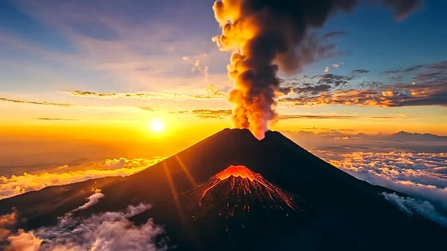 Crimson mountain peaks pierce a fiery sky, their silhouettes etched against a cloudscape ablaze with the setting sun
