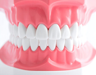 Obraz premium Closeup shot of a dental model featuring white teeth and pink gums, ideal for dental education, oral health, or cosmetic dentistry concepts. Bright and clean.