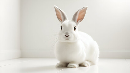 Obraz premium Elegant white bunny isolated on a white background, perfect for themes related to innocence, pets, or Easter.