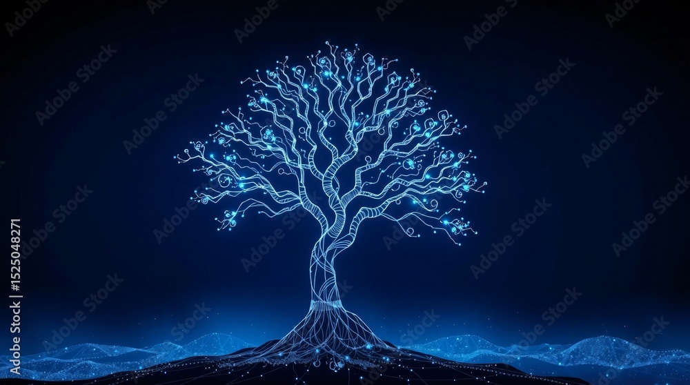 Poster glowing digital tree network data visualization abstract