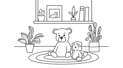 Fototapeta premium Black and white teddy bear and puppy coloring page. Shelf with plants and pictures