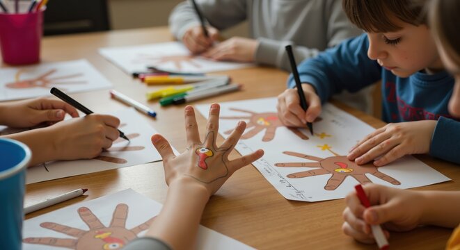 Children drawing with colored markers on paper in classroom setting  