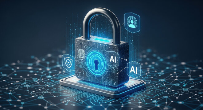 Cybersecurity concept: Futuristic padlock with AI-powered data protection. Fingerprint login, verified identity credentials for secure network access, information safety, and privacy.