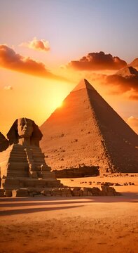 A breathtaking view of the Great Pyramid of Giza under a golden sunset highlighting its massive scale and ancient structure 4K vertical