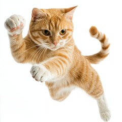 A kung fu cat in mid-spin, wind effects, fluid dynamics in motion, isolated on white background