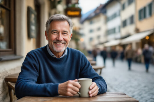 A smiling, mature man with gray hair and a blue sweater sits at an outdoor cafe, holding a mug and gazing directly at the camera.