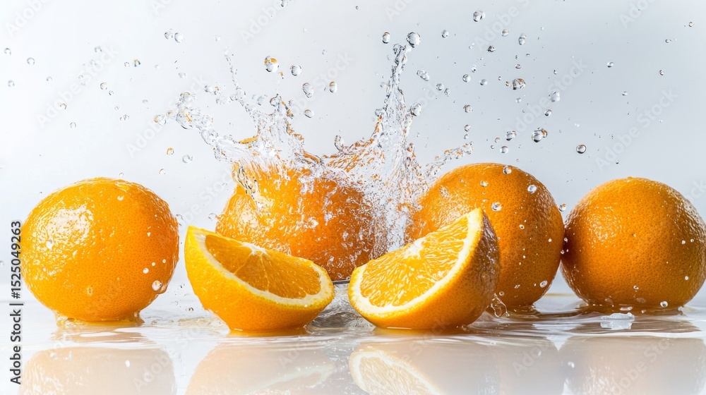 Poster A creative composition of oranges being squeezed with a handheld juicer, with juice splashing and bright colors popping against a white background.