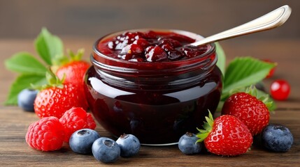 Glass Jar of Strawberry Jam with Fresh Strawberries and Blueberries on a Wooden Surface