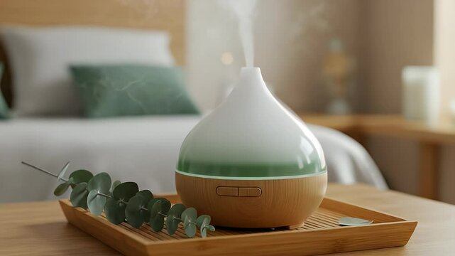 Aroma Diffuser with Steam on Wooden Tray Beside Eucalyptus in Blurred Bedroom Background for Relaxation and Wellness