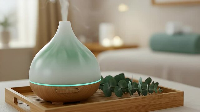 Aromatherapy Diffuser on Wooden Tray with Eucalyptus Sprigs in Spa Setting Promoting Relaxation and Well Being in a Clean Room with Neutral Tones