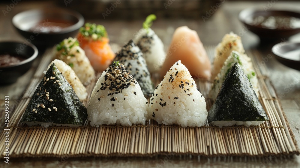 Poster a delightful selection of onigiri rice balls with different fillings, beautifully arranged on a bamb