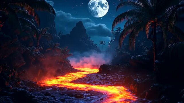 A dramatic full moon and fiery lava paint the night sky with bright orange, red, and yellow light, transforming the clouds into a beautiful abstract landscape.