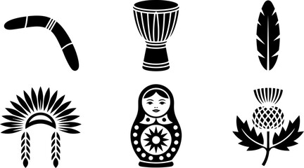 Vector icons of cultural symbols boomerang drum feather headdress matryoshka thistle illustration 100 editable stock vector illustration