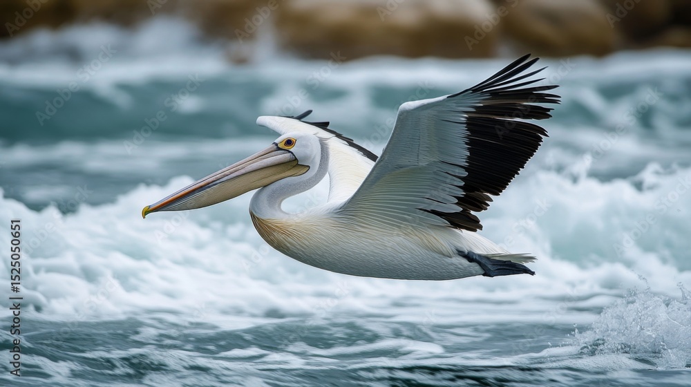 Poster a detailed image of a pelican soaring above the waves, with its distinctive beak and wings fully ext