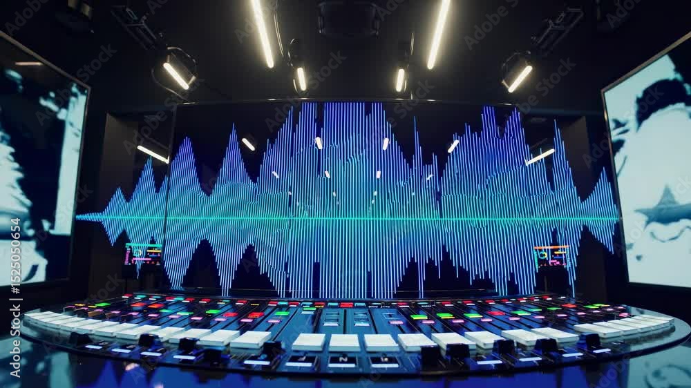 Poster exploring sound design techniques in a modern audio studio with advanced technology