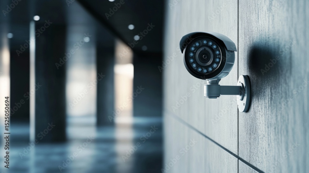 Poster A detailed shot of a wall-mounted CCTV camera with a rotating head, set against a modern architectural backdrop, showcasing its functionality and design