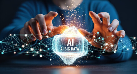 AI Big Data. Digital transformation concept for next-generation technology era. Machine Learning. Hands touching glowing AI big data structure. Digital data network innovation, future tech.