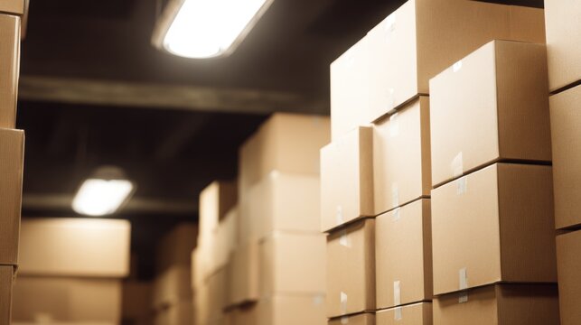 Dimly lit warehouse interior showcasing neatly stacked uniform brown cardboard boxes, forming tall rectangular columns with white tape securing lids, illuminated by overhead fluorescent lights, emphas