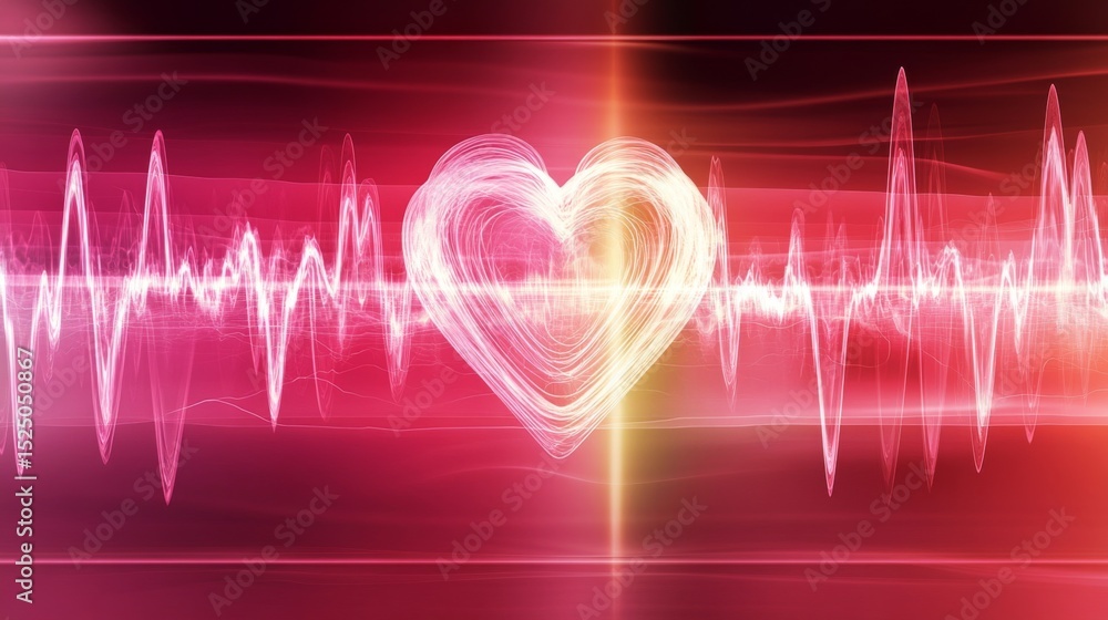 Aufkleber A digitally created visualization of heart waves pulsating in synchronization, with a gradient background transitioning from deep red to soft pink