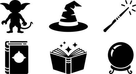 Magic set vector illustration of wizard items including hat wand book crystal ball and imp creature editable stock vector illustration