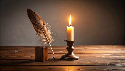 Quill Pen and Candlelight on Rustic Wooden Table Romantic Vintage Still Life.