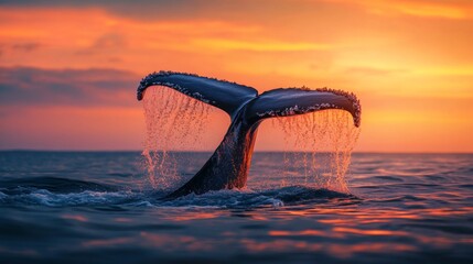Fototapeta premium A dynamic image of a whale tail slapping the water surface, creating a dramatic splash and ripples, emphasizing the strength and playfulness of these animals.